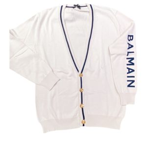 Balmain – Maglia aperta panna e blu logata
