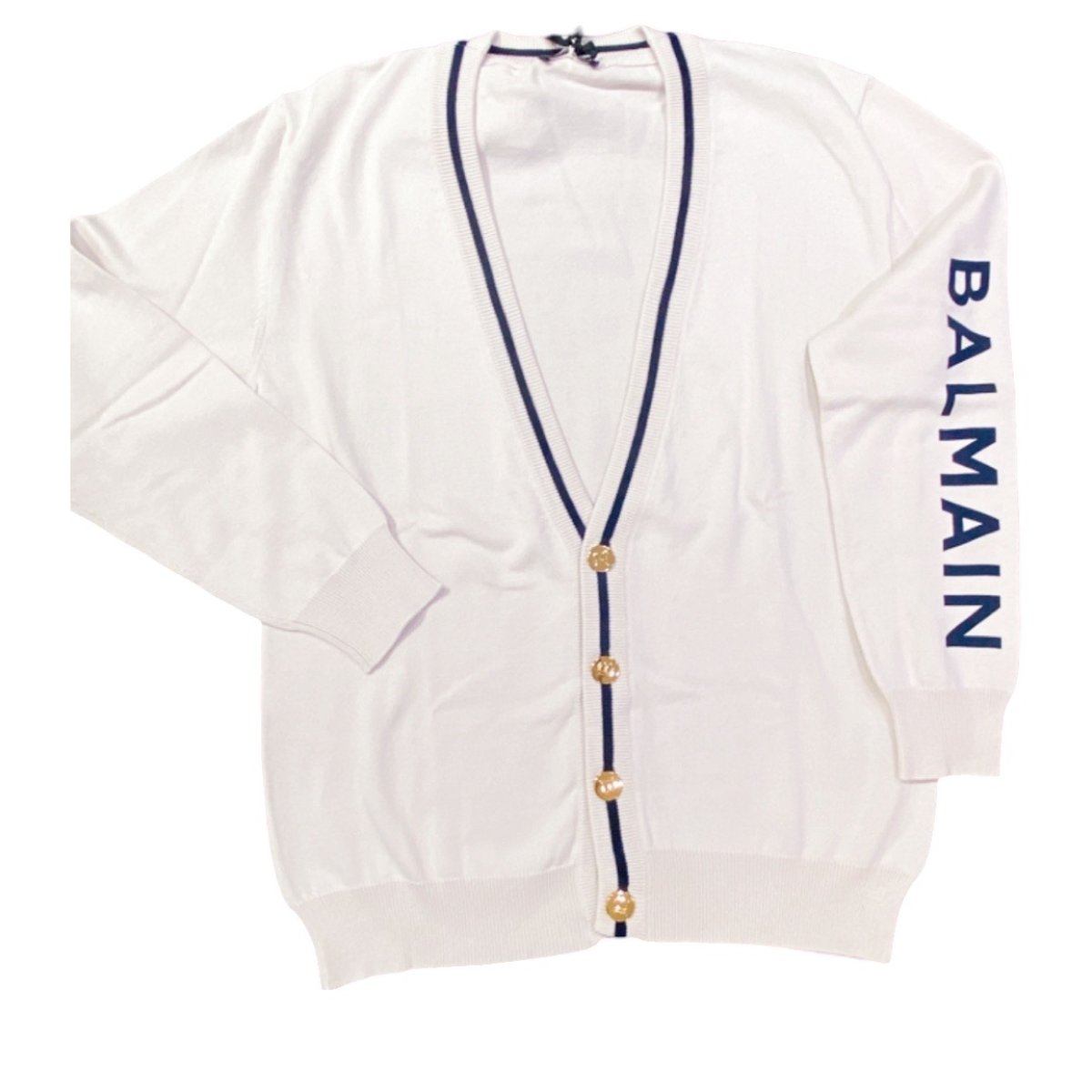 Balmain – Maglia aperta panna e blu logata - immagine 2