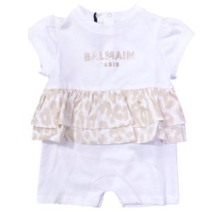 Balmain – Pagliaccetto bianco e beige logato