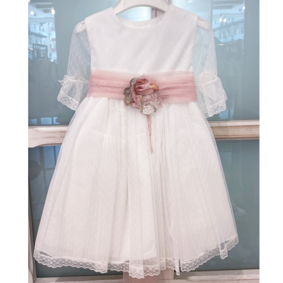 Amaya – Abito cerimonia con manica e fiocco rosa