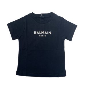 Balmain – T Shirt nera manica corta con logo