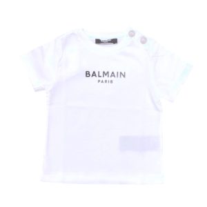 Balmain – T Shirt bianca con logo nero frontale