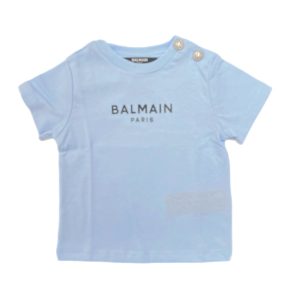 Balmain – T Shirt celeste con logo nero frontale
