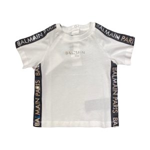 Balmain – T Shirt bianca con logo argento frontale
