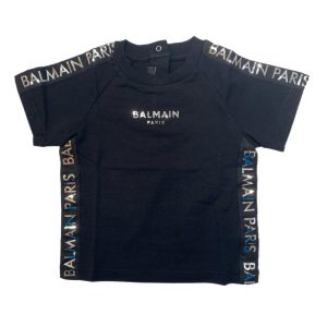 Balmain – T Shirt nera con logo metallizzato