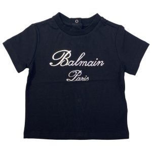 Balmain – T Shirt nera con logo bianco