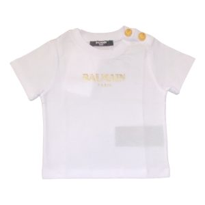 Balmain – T Shirt bianca con logo dorato e bottoni