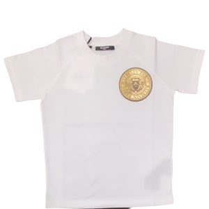 Balmain – T Shirt bianca con stampa logo dorato