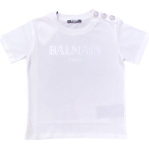 Balmain – T Shirt logata con tre bottoni argento