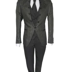 Abito da Sposo giacca coreana tessuto fantasia vestibilità slim fit cinque bottoni modello Erik colore grigio