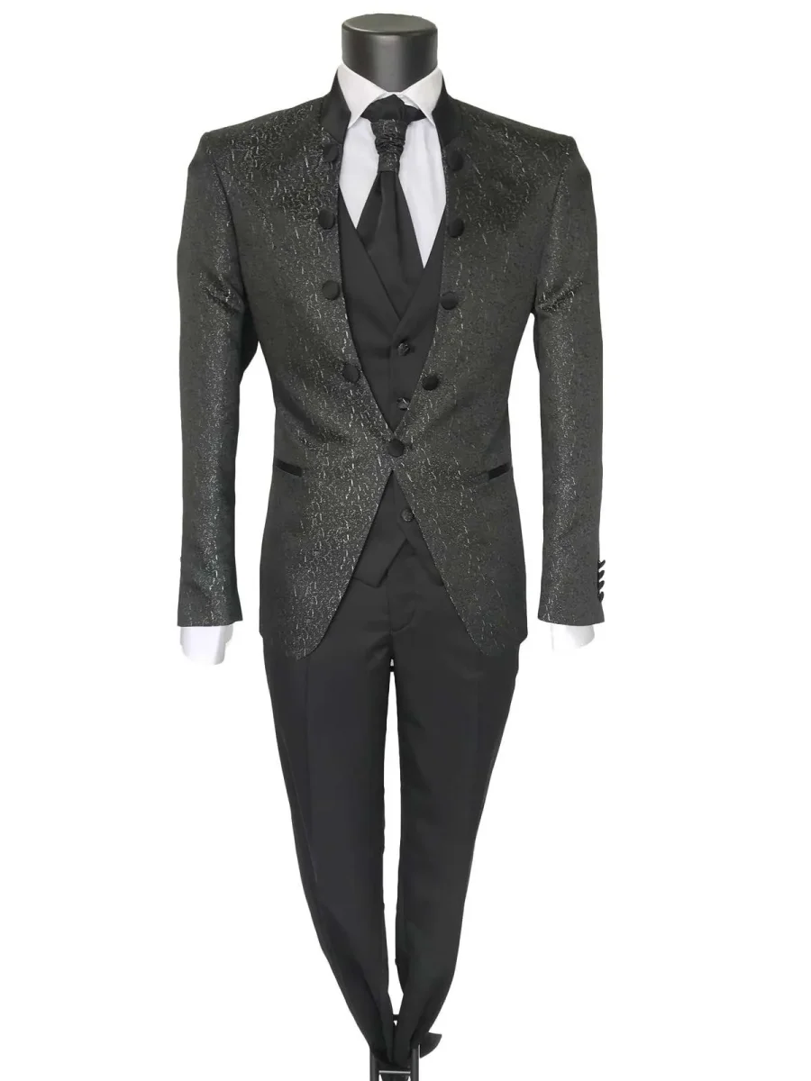 Abito da Sposo giacca coreana tessuto fantasia vestibilità slim fit cinque bottoni modello Erik colore grigio - immagine 2