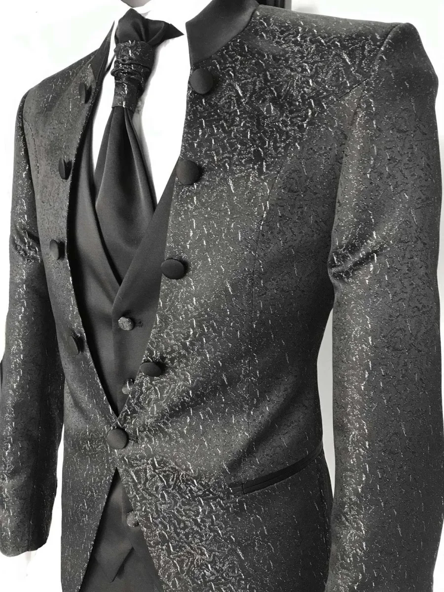 Abito da Sposo giacca coreana tessuto fantasia vestibilità slim fit cinque bottoni modello Erik colore grigio - immagine 3