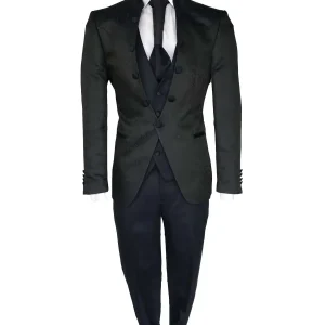 Abito da Sposo giacca coreana tessuto fantasia vestibilità slim fit cinque bottoni grigio blu modello Erik