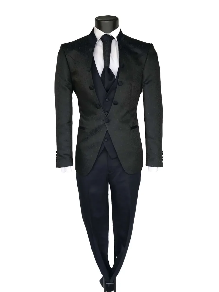 Abito da Sposo giacca coreana tessuto fantasia vestibilità slim fit cinque bottoni grigio blu modello Erik - immagine 2