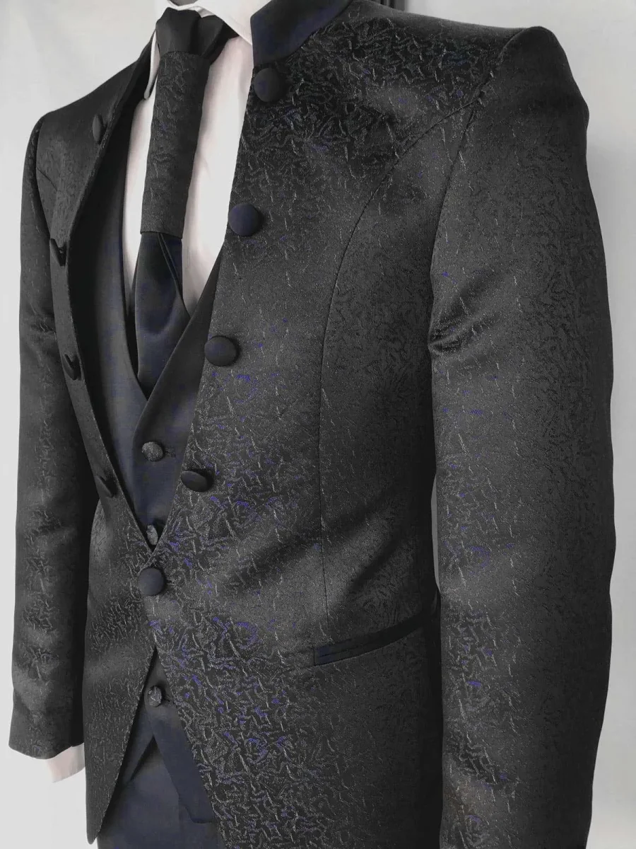 Abito da Sposo giacca coreana tessuto fantasia vestibilità slim fit cinque bottoni grigio blu modello Erik - immagine 3