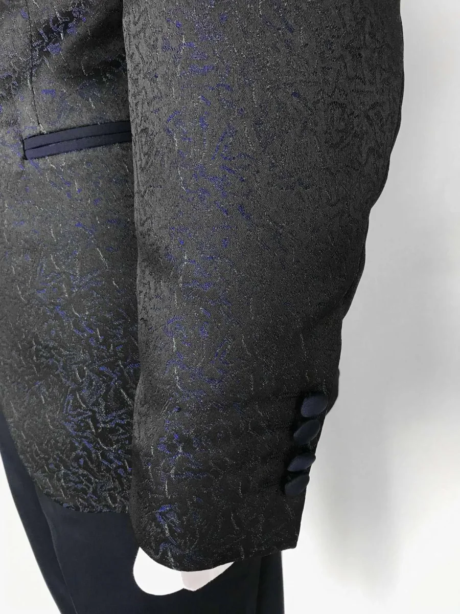 Abito da Sposo giacca coreana tessuto fantasia vestibilità slim fit cinque bottoni grigio blu modello Erik - immagine 4