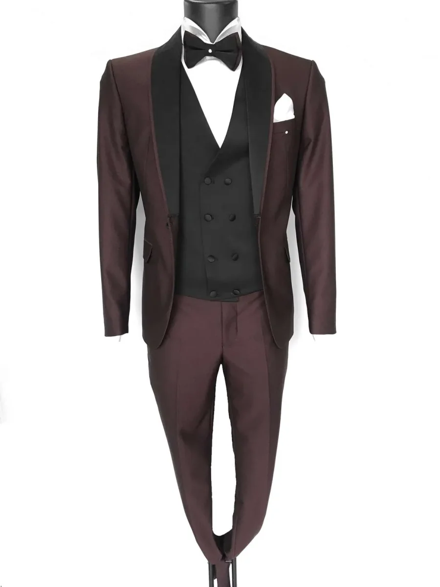 Abito da sposo collo sciallato vestibilità slim fit gilet doppio petto Philippe colore bordeaux