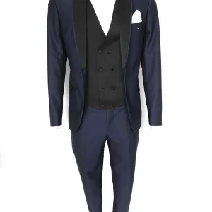 Abito da sposo collo sciallato vestibilità slim fit gilet doppio petto modello Philippe colore blu