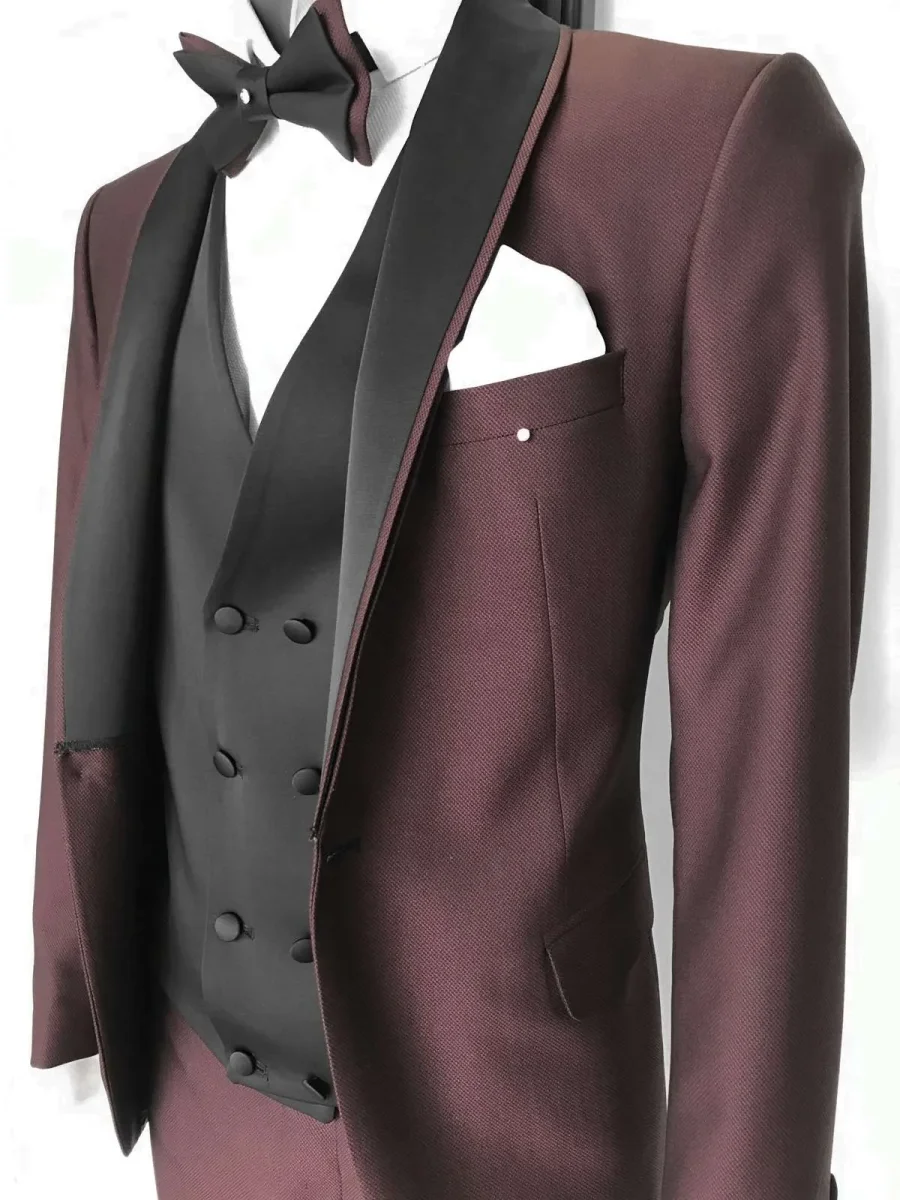 Abito da sposo collo sciallato vestibilità slim fit gilet doppio petto Philippe colore bordeaux - immagine 3