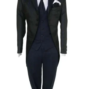 Abito da sposo modello Frack vestibilita slim fit 3 bottoni tessuto damascato blu scuro Frankie
