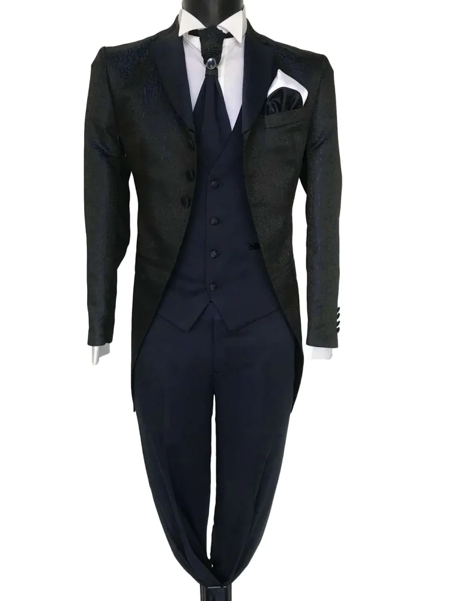 Abito da sposo modello Frack vestibilita slim fit 3 bottoni tessuto damascato blu scuro Frankie