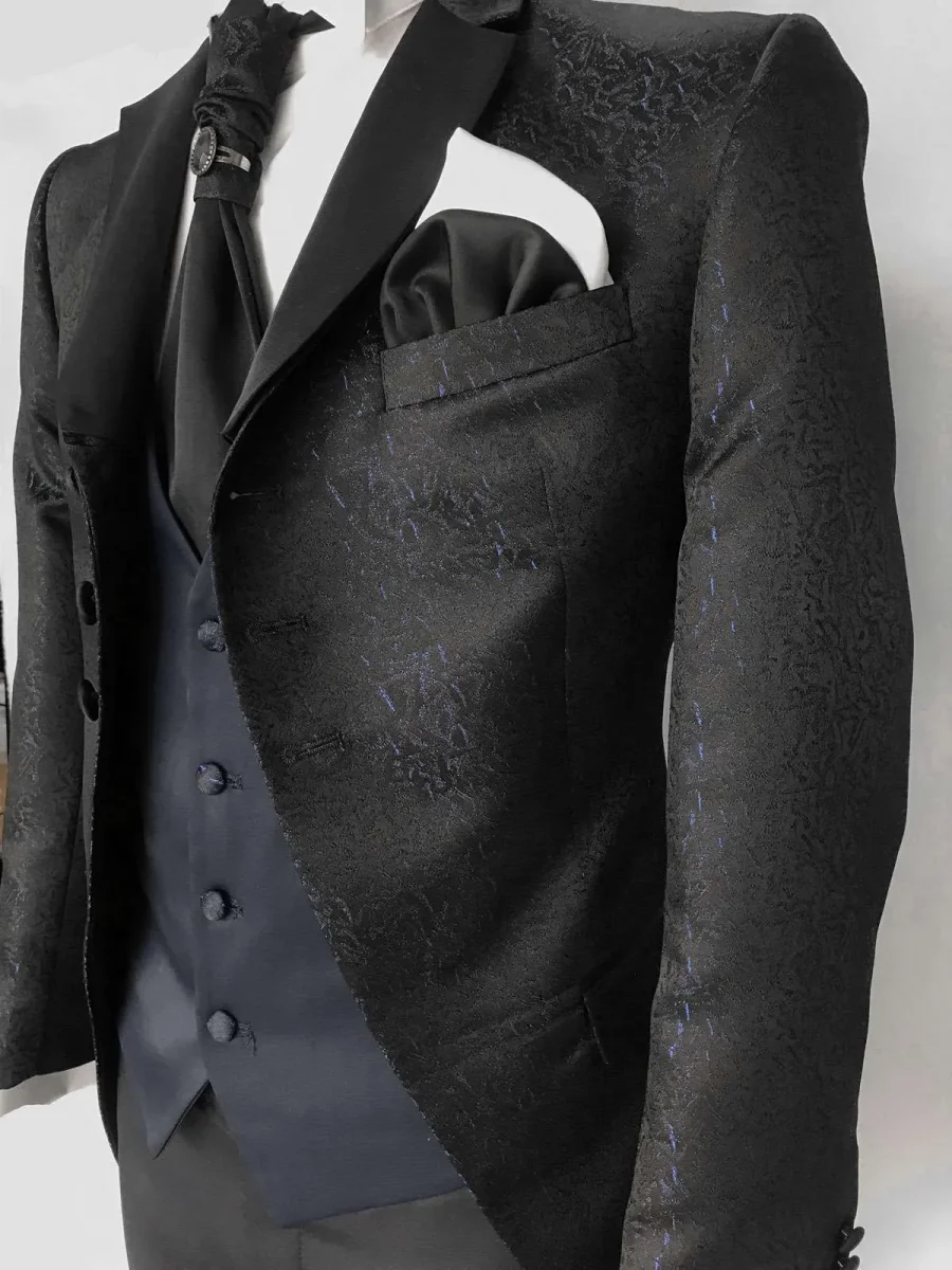 Abito da sposo modello Frack vestibilita slim fit 3 bottoni tessuto damascato blu scuro Frankie - immagine 3