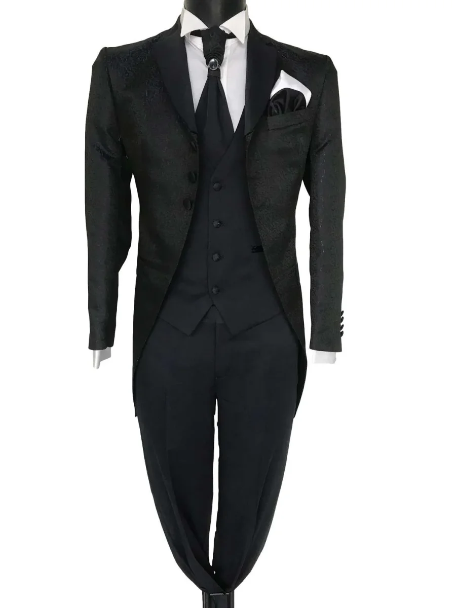 Abito da sposo modello Frack vestibilita slim fit 3 bottoni tessuto damascato nero Frankie