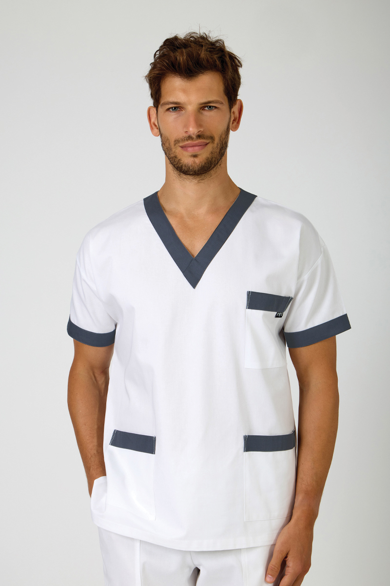 Casacca unisex collo V bianca bordi grigi - immagine 2