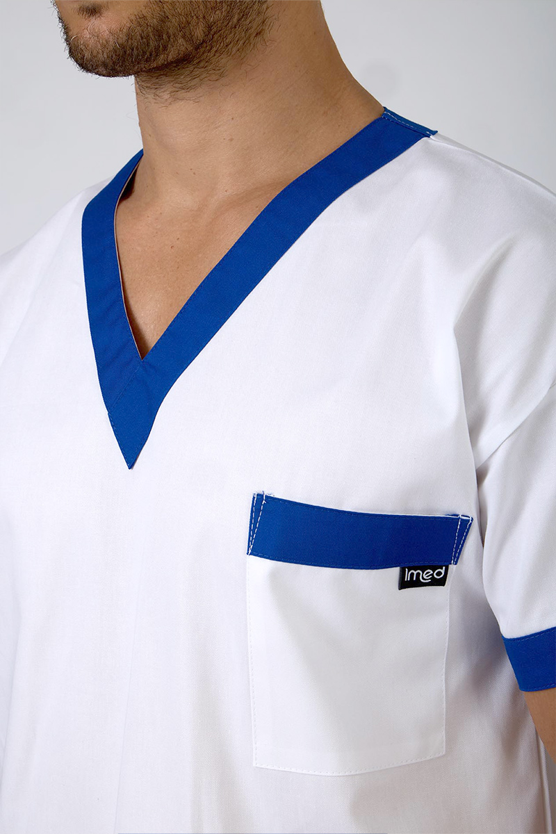 Casacca unisex collo V  bianca bordi bluette - immagine 4