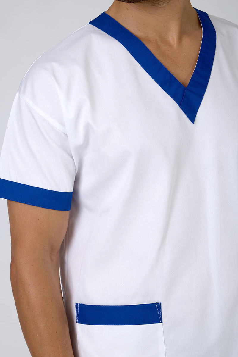 Casacca unisex collo V  bianca bordi bluette - immagine 3