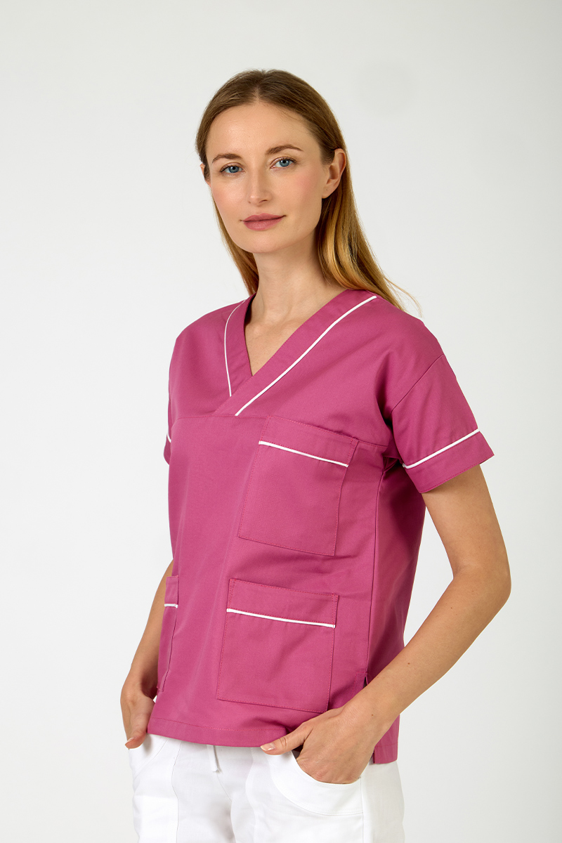 Casacca unisex collo V incrocio fucsia e profili bianchi - immagine 2