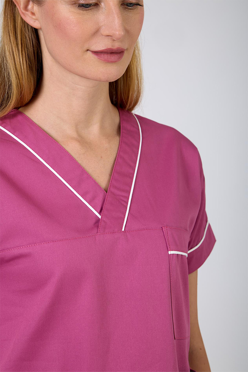 Casacca unisex collo V incrocio fucsia e profili bianchi - immagine 3