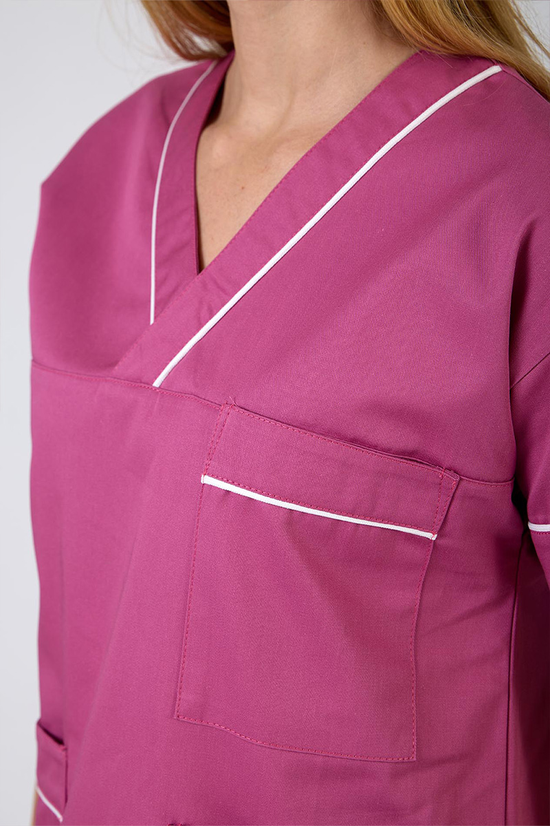 Casacca unisex collo V incrocio fucsia e profili bianchi - immagine 5