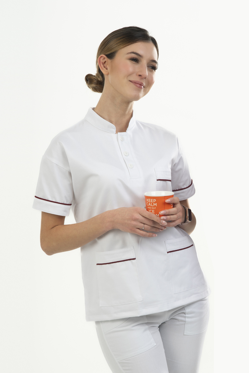 Casacca unisex collo coreana bianca con profili rossi - immagine 5