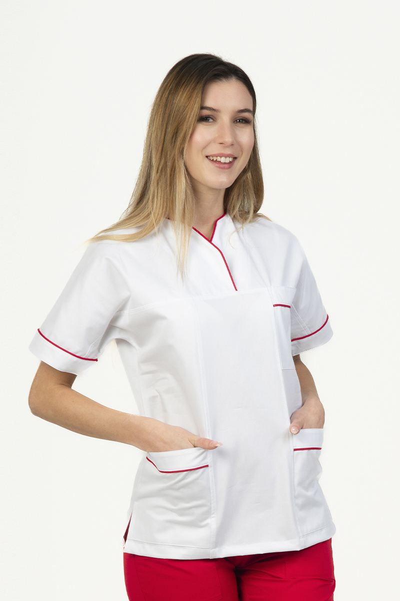 Casacca donna collo sovrapposto bianca profili rossi - immagine 2