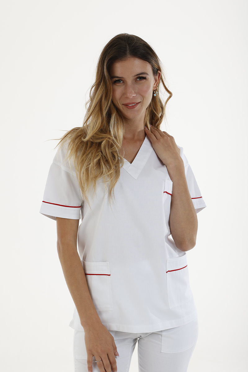 Casacca donna collo V bianca profili fucsia - immagine 2