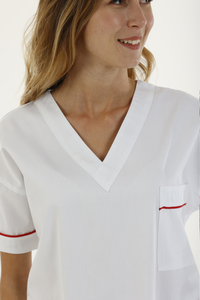 Casacca donna collo V bianca profili fucsia - immagine 3