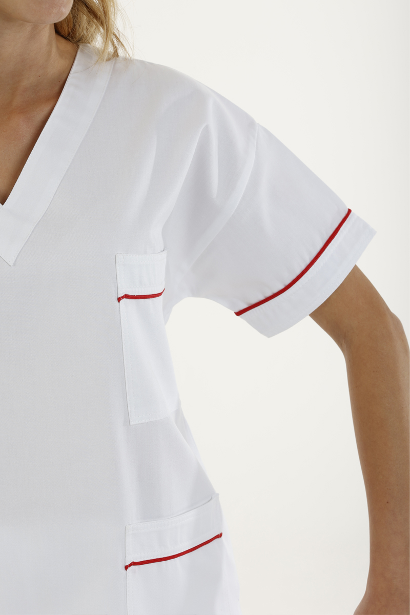 Casacca donna collo V bianca profili fucsia - immagine 4