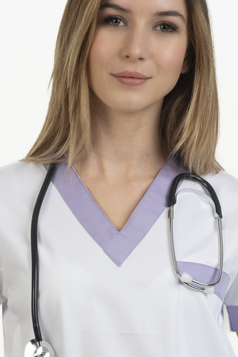 Casacca unisex collo V bianca bordi lilla - immagine 3