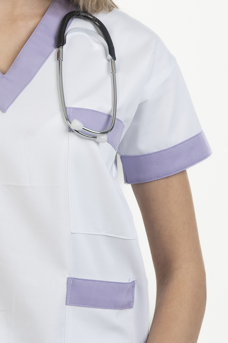 Casacca unisex collo V bianca bordi lilla - immagine 4