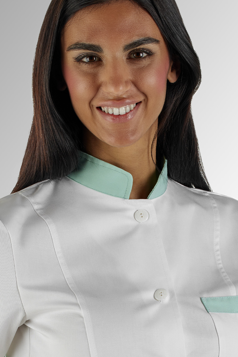 Giacca donna collo coreana bianca bordi verde acqua - immagine 4
