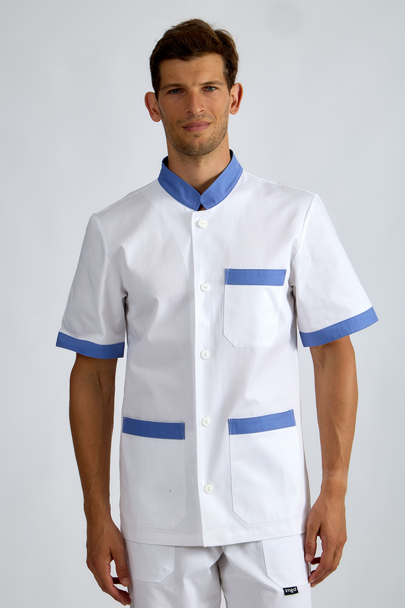 Giacca unisex collo coreana bianca bordi azzurri - immagine 5